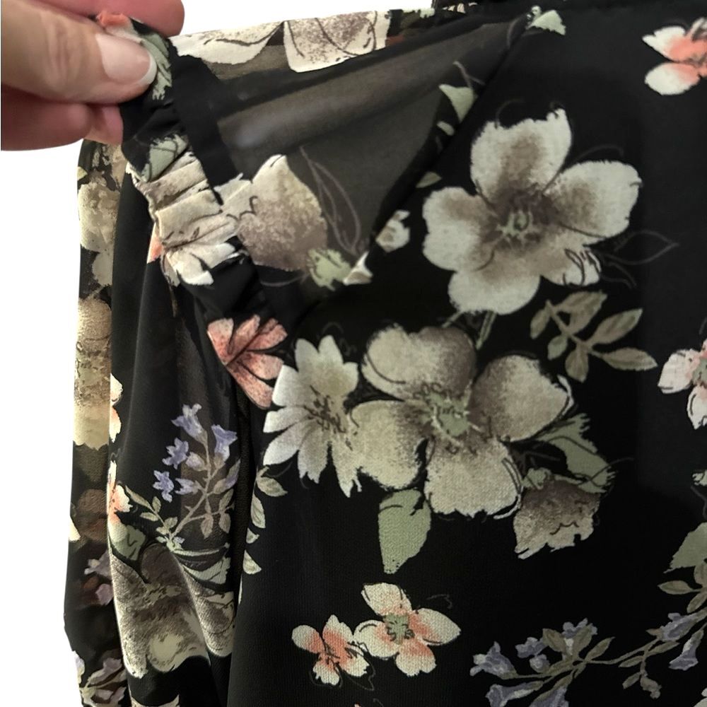 Pleione Black Floral Blouse Ruffle Neck Tie Front Sheer Sleeve Boho Size L - Picture 4 of 12